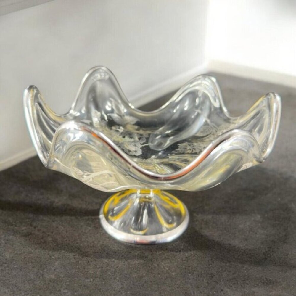 Vintage Viking Clear Footed Dish Bowl With Silver Overlay Flowers Pattern VTG